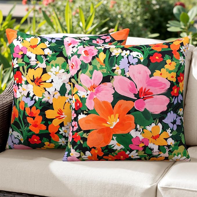 Merrycolor Waterproof Floral Pillow Covers 18x18 Inch Set of 2 Bright Pink and Orange Outdoor Decorative Cushion Cases for Patio Garden Beach Sofa Colorful Summer Accent Throw Pillows