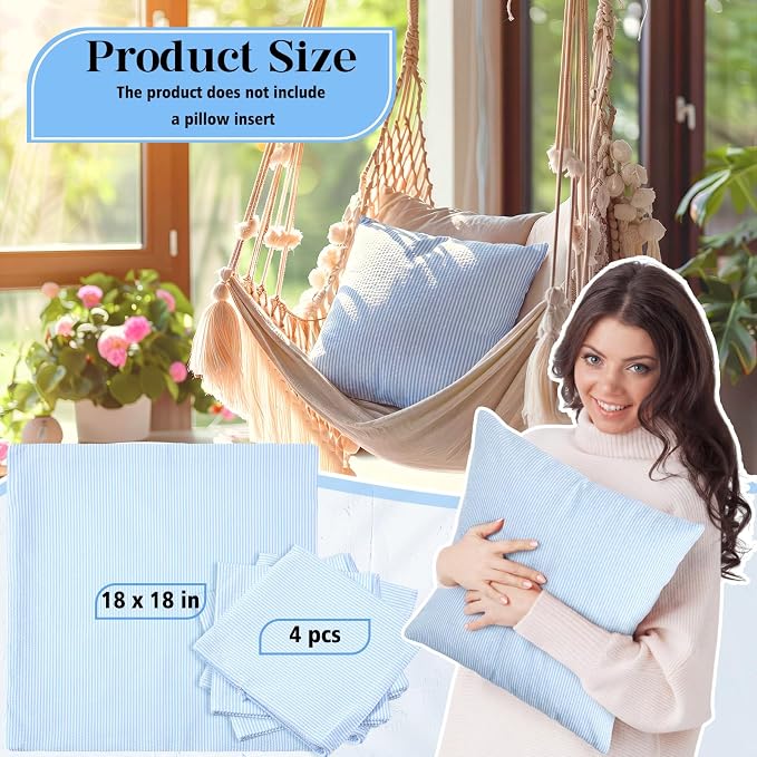 Huhumy Blue Throw Pillow Cover 18" x 18" for Home Decoration Striped Modern Style Decorative Cushion Covers No Inserts Seersucker Pillow Cover for Living Room, Chair, Bed, Couch, Set of 4