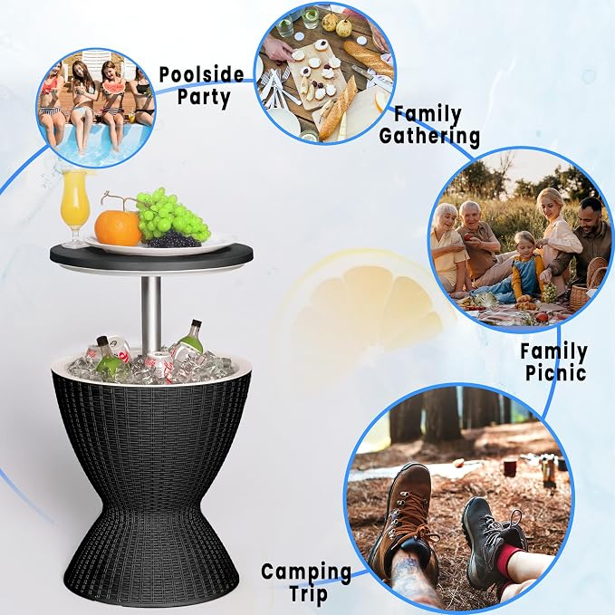 Outdoor Cool Bar Table 8 Gallon Portable Cooler Side Table,3-in-1 Cocktail Coffee Table Rattan Style,Sturdy, Waterproof & UV Resistant,Easy to Assemble & Clean for Indoor & Outdoor Use(Black)