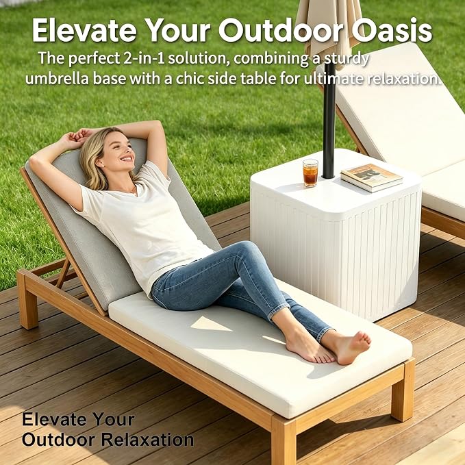 2-in-1 Umbrella Side Table – 16.54" Outdoor Patio Table with Fillable 15 Gal Water/Sand Base, Fits 1.5" Pole, UV Resistant for Pool, Deck, Garden (White)