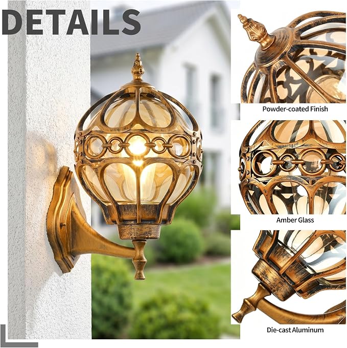 2 Pack Brushed Gold Globe Die Cast Aluminum Outdoor Wall Lights | Anti-Rust Waterproof Hardwired Exterior Wall Sconce with Amber Glass, Outside Wall Lantern for Patio, Porch, Backyard