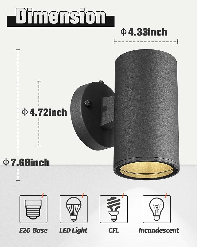 Ken & Ricky Dusk to Dawn Outdoor Wall Sconce Lights,Cylinder，Black ，1 PK | With Glass Cover,Photocell Sensor,No Glare Exterior Lighting Fixtures,E26,For House Front Porch Garage Patio Entryway