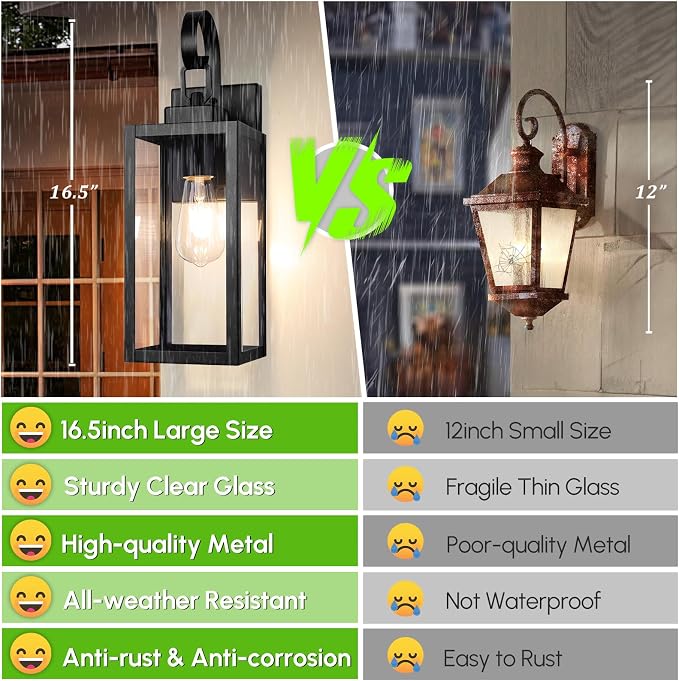 BesLowe 16.5" Large Outdoor Wall Light Fixture, Modern Porch Sconce, Black | Waterproof, Rust-Resistant, Durable Metal with Clear Glass, Standard E26 Socket, Easy to Install