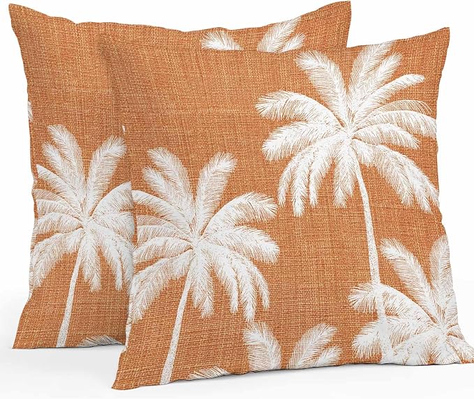Outdoor Pillow Covers 24x24 Inch Set of 2, Burnt Orange Palm Trees Waterproof Throw Pillow Covers, Farmhouse Tropical Summer Beach Decorative Cushion Pillowcases for Couch, Sofa, Bed, Garden, Patio