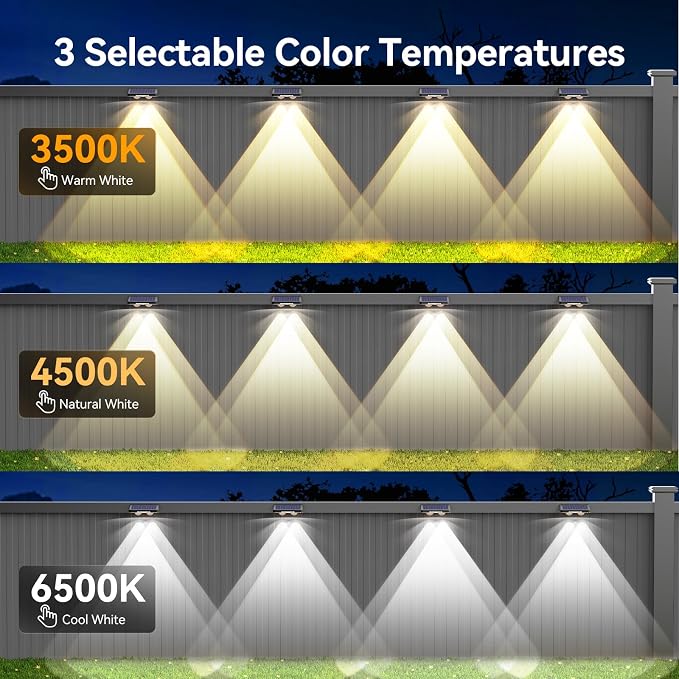 TECKNET Solar Fence Lights Outdoor, Solar Lights for Driveway Fence(6Pack) | 3 Color Modes, IP66 Waterproof with High-Brightness LEDs for Patio, Wall, Railing and Backyard