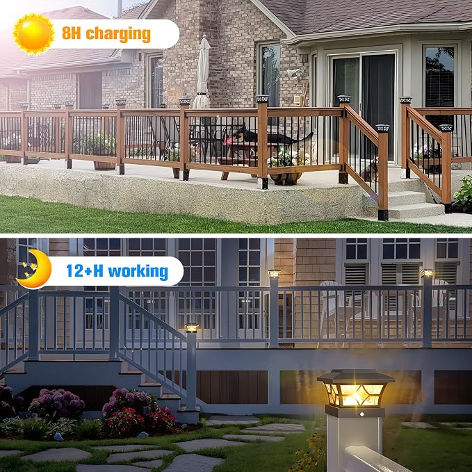 VOLISUN Solar Post Cap Lights Outdoor, Solar Powered Fence Cap Lights for 4x4 Vinyl/Wood, Black Waterproof Solar Deck Post Light 8Pack Cool/Warm for Garden Patio Porch