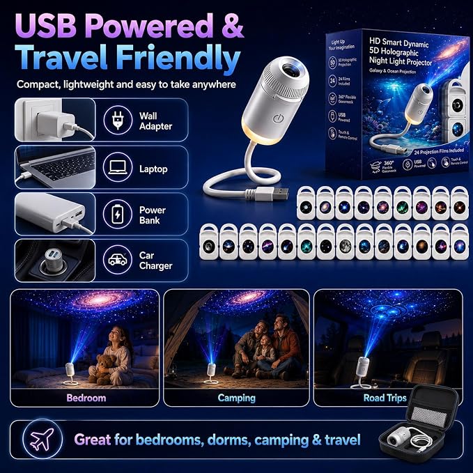 2027 Upgraded Hd Smart Dynamic 5d Holographic Night Light Projector, Plug and Play Hd Star Projector, 360° Adjustable Hd Galaxy and Ocean Projector for Indoor and Outdoor (24 Projection Films)