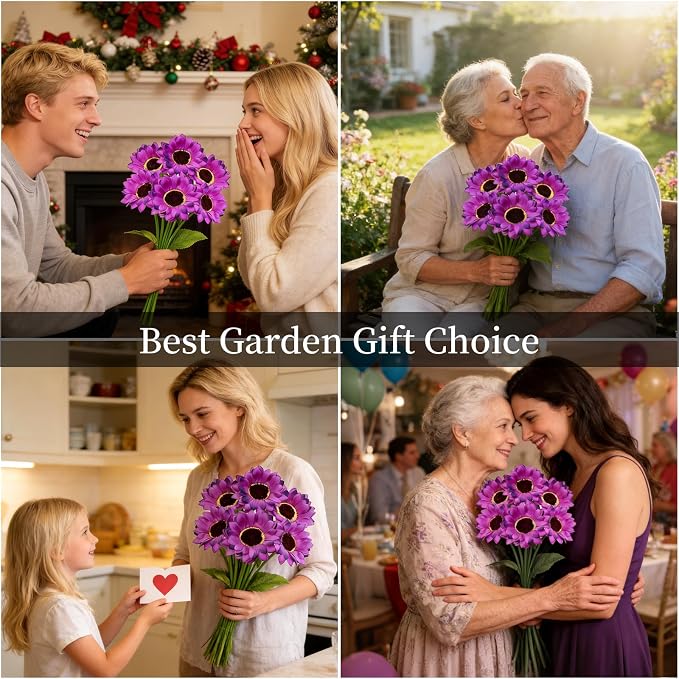 Solar Garden Lights Outdoor, 6 Pack Solar Purple Sunflower Lights with 18 Head 3.5 Inch Flowers, Waterproof Flowers Light Fall Decor Auto ON/Off for Garden Yard Patio Backyard, Gifts for Mom Women