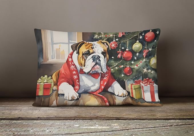 Caroline's Treasures DAC2649PW1216 English Bulldog Cozy Christmas Throw Pillow Machine Washable, Indoor Outdoor Decorative Pillow for Couch, Bed or Patio, 12HX16W