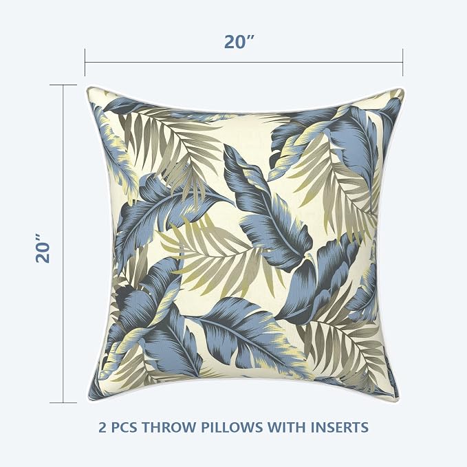 LVTXIII Set of 2 Patio Throw Pillows Waterproof 20"x20" Fade Resistant Outdoor Throw Pillows with Inserts, Fluffy Decorative Garden Toss Pillow Cushions for Home Patio Coach Sofa Use, ‌Lush Palm Blue
