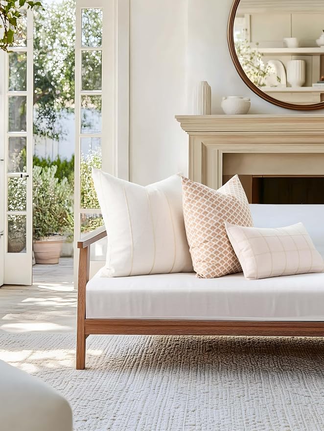 Modern Farmhouse Fall Linen Indoor Outdoor Throw Pillow Cover Only, 22"x22" Water Repellent for Patio, Backyard, Couch, Neutral Beige Vertical Stripes