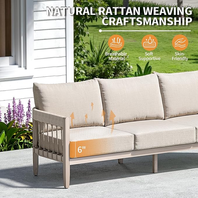 3-Seater Outdoor Sofa, Never-Rust Aluminum Patio Couch with Hand-Woven Rope Armrests & Extra Thick Cushions, Faux Wood Grain Finish Modern Outdoor Furniture Set for Balcony, Deck, Porch