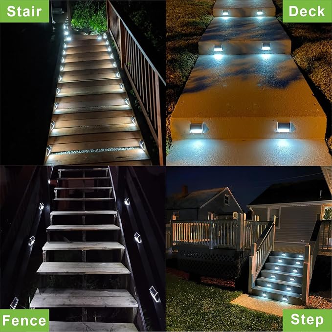 XLUX White Solar Lights for Deck Step Fence Post, SST Housing, 12 Pack | white non-glare LED lamp, sturdy stainless steel casing, for deck, step, fence, pathway, Rainproof, Automatic ON/OFF