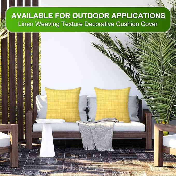 M METERXITY 2-Pack Outdoor Waterproof Throw Pillow Cover, 16x16 Inch Linen Weaving Texture Decorative Cushion Cover for Patio/Balcony/Garden, Water Resistant Pillow Case [Yellow]