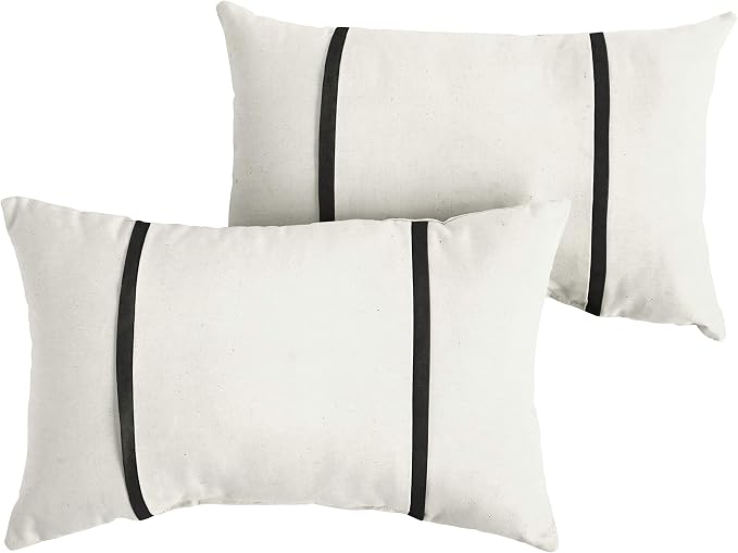 Sorra Home Indoor Outdoor Sunbrella Lumbar Pillows, Set of 2, 12x18, Canvas Natural Ivory & Canvas Black