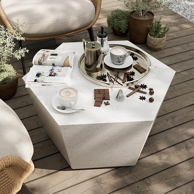 UPHA 28" Hexagon Outdoor Coffee Table, Modern Hollow Concrete Patio Table, Small Minimalist Low Accent Table for Living Room, Balcony, Deck, Backyard, Off-White