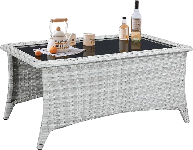 Belord Outdoor Coffee Table with Tempered Glass Top, Patio Rectangular Light Grey Wicker Table, Handwoven Rattan Coffee Table Compatible with Patio Furniture Sets for Porch Deck Backyard