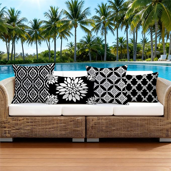 Outdoor Waterproof Throw Pillow Covers 12x20 Set of 4 Black and White Aesthetic Boho Decorative Cushion Cases for Patio Furniture Garden Porch Bench Couch Sunbrella