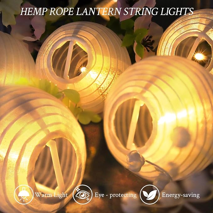 Outdoor Solar String Lantern Lights 30.7FT,Outdoor IP44 Waterproof 20 Lantern Added 1 Lantern Lights,8 Modes Solar Type-C Powered Patio Lights for Backyard Garden Cafe Bistro Party Decor