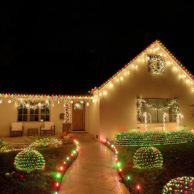 BlcTec Outdoor Christmas Lights 200 LED 8.4ft x 5.2ft Christmas Net Lights with 8 Modes, UL Certified, Timer, Connectable, Waterproof for Trees, Bushes, Yard Outdoor Holiday Decorations, Red Green