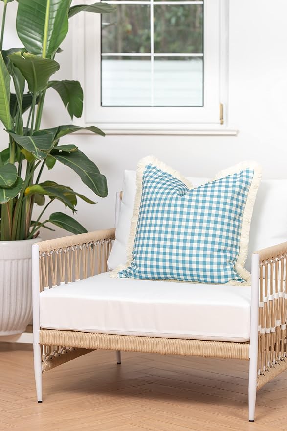 Hofdeco Premium Coastal Hampton Style Patio Indoor Outdoor Pillow Cover Only, 20"x20" Water Resistant for Backyard, Couch, Baby Blue Gingham Fringe