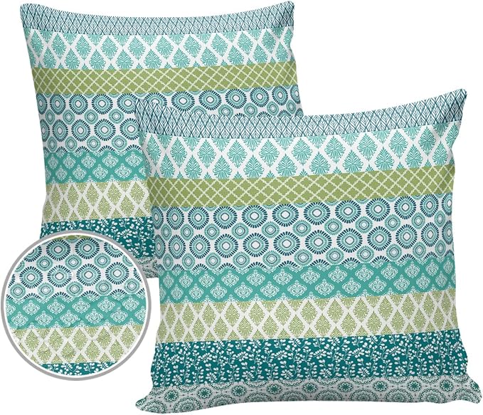 Outdoor Waterproof Throw Pillow Covers Set of 2 Teal Boho Stripe Tribal Vingtage Lumbar Pillowcases 20x20 Inch Green Bohemian Style Decorative Pillows Cushion Case Patio Pillows for Couch Bed Garden