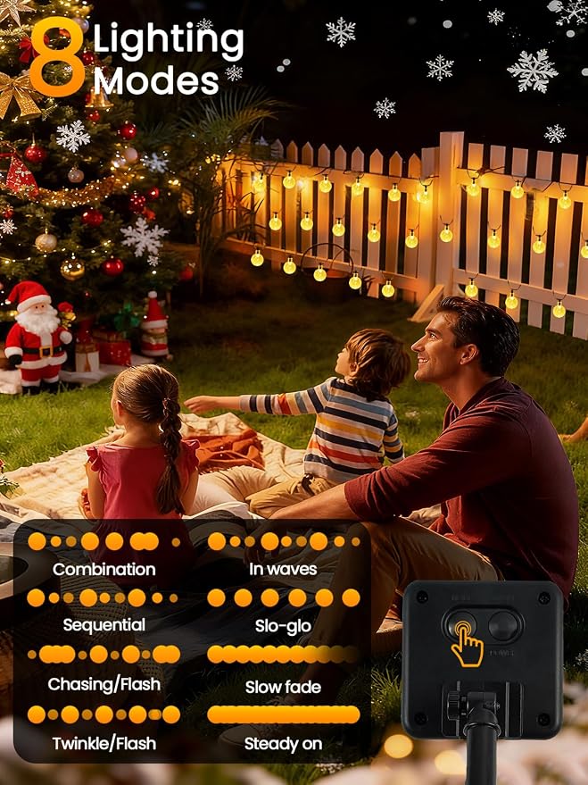 LORRYTE Globe Solar String Lights Outdoor 2 Pack 72FT 120 LED Patio Lights | Warm White Crystal Globe, IP65 Waterproof, Auto On/Off, 8 Modes Solar Powered Light for Garden Yard Wedding Porch Party