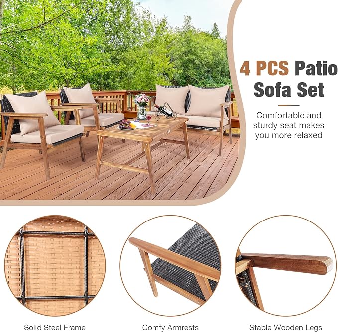 HAPPYGRILL 4 Piece Outdoor Rattan Sofa Set Acacia Wood Frame Conversation Set with Coffee Table, Modern Style for Backyard, Patio, Garden, Poolside, Balcony