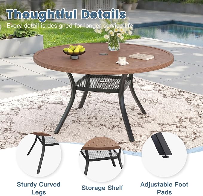 DIFY 7 Piece Outdoor Dining Set, 48" Walnut Round Metal Patio Table and Brown Textilene Stackable Chairs for 6, All Weather Patio Furniture Set with Umbrella Hole for Backyard Garden Deck