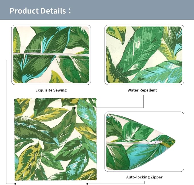 Outdoor Throw Pillow Covers 18x18 Inch, Decorative Pillow Covers for Patio Furniture, Lush Leaf Jungle Modern Cushion Cases for Garden Couch Home Sofa, Pack of 2
