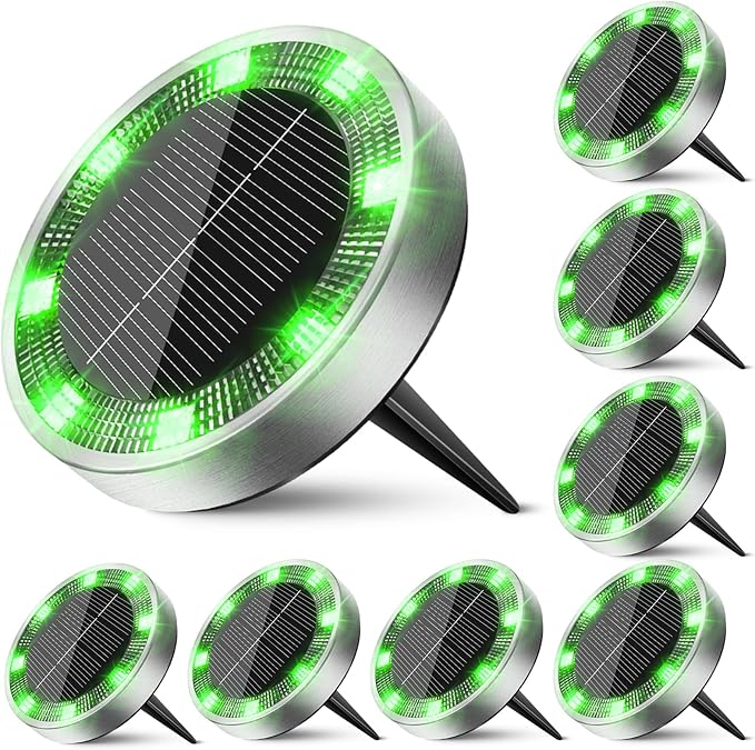 Mini Solar Ground Lights Outdoor, 8 Pack Flat Solar Powered Disc Lights, IP68 Waterproof, Anti-Rust, Landscape Lighting for Pathway Garden Yard Lawn Walkway Landscape Driveway, Green