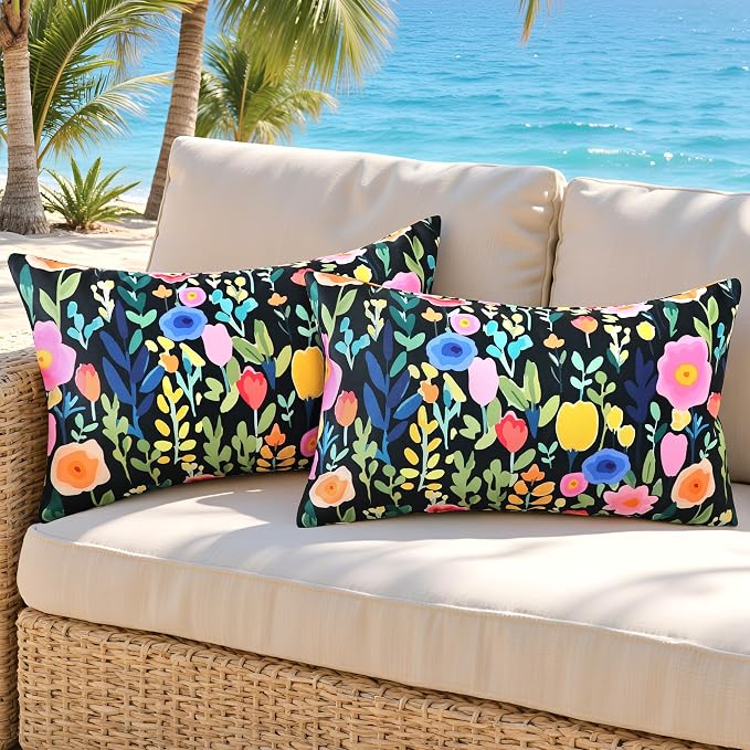 Outdoor Pillows Covers 12X20 Inch Pack of 2, Spring Floral Waterproof Throw Pillow Covers, Black Printed Flower Decorative Square Pillowcases for Summer Patio Furniture Garden Balcony Porch