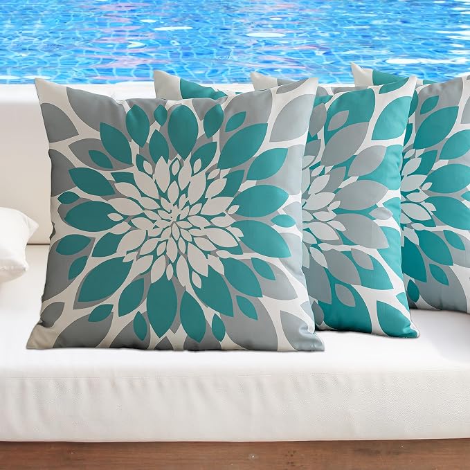 Pack of 4 Outdoor Waterproof Pillow Covers 18x18 Decorative Outdoor Throw Pillows Garden Square Cushion Cases for Patio Furniture, Couch, Tent Sunbrella, Bench, Teal Turquoise Grey