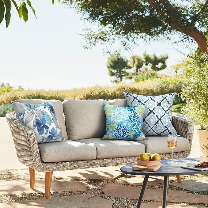 Outdoor Throw Pillows 16x16 Inch, Water Repellent Patio Pillows with Inners Set of 2 for Patio Furniture Home Garden, Dahlia Blue