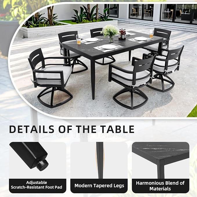 7PC Aluminum Outdoor Patio Dining Set, 71”Rectangular Dining Table with Black Marble Pattern Sintered Stone Top and 6 Cushioned Swivel Rockers, All-Weather Patio Furniture