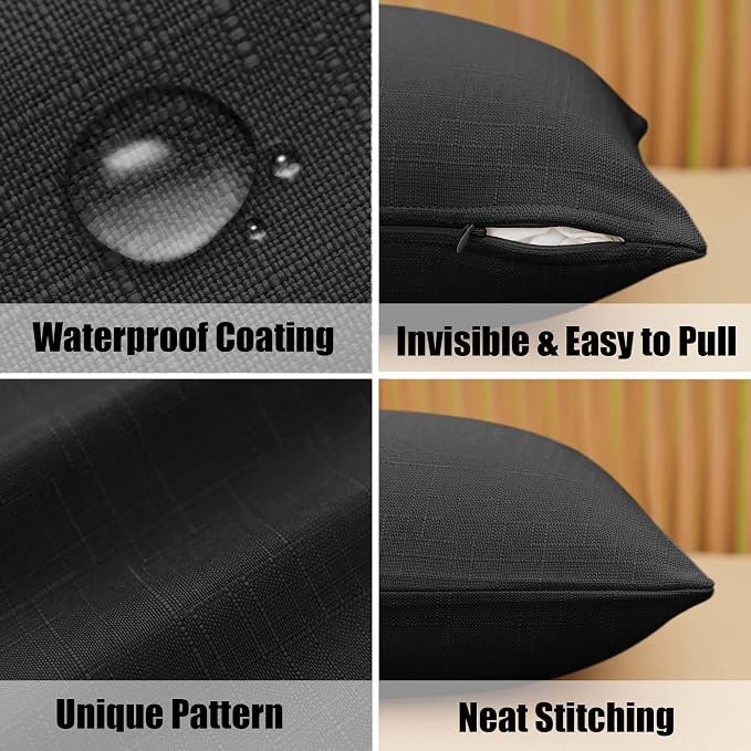 NiNi ALL Waterproof Outdoor Pillow Covers 22x22 Set of 2 Patio Black | Faux Linen Textured Decorative Solid Throw Pillow Covers Farmhouse for Garden Furniture Tent Balcony Couch Sofa Cushion