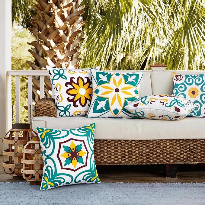 Pyonic Turquoise Waterproof Outdoor Pillow Covers 16x16 inch | Set of 4,Morocco Vintage Floral Boho Throw Pillow Covers ,Water Resist Outdoor Pillows for Patio Furniture Garden Yard