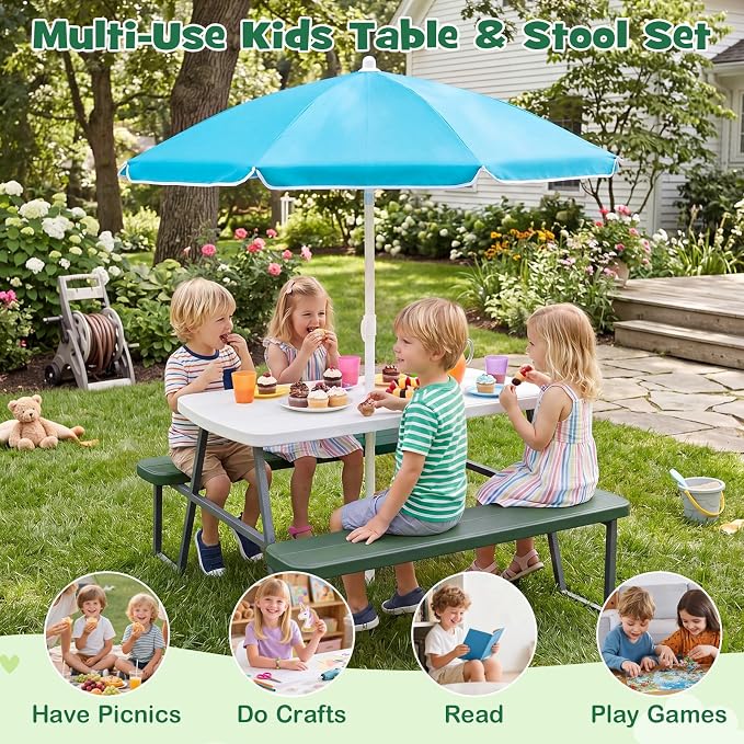 HONEY JOY Kids Picnic Table, 4 Person Toddler Outdoor Table and Chair Set, Built-in Benches, Removable Umbrella, Metal Frame & HDPE Top, Children Outdoor Furniture for Backyard Patio Garden (Green)