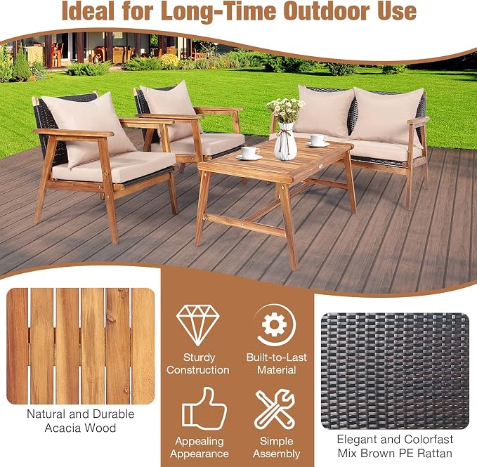 HAPPYGRILL 4 Piece Outdoor Rattan Sofa Set Acacia Wood Frame Conversation Set with Coffee Table, Modern Style for Backyard, Patio, Garden, Poolside, Balcony