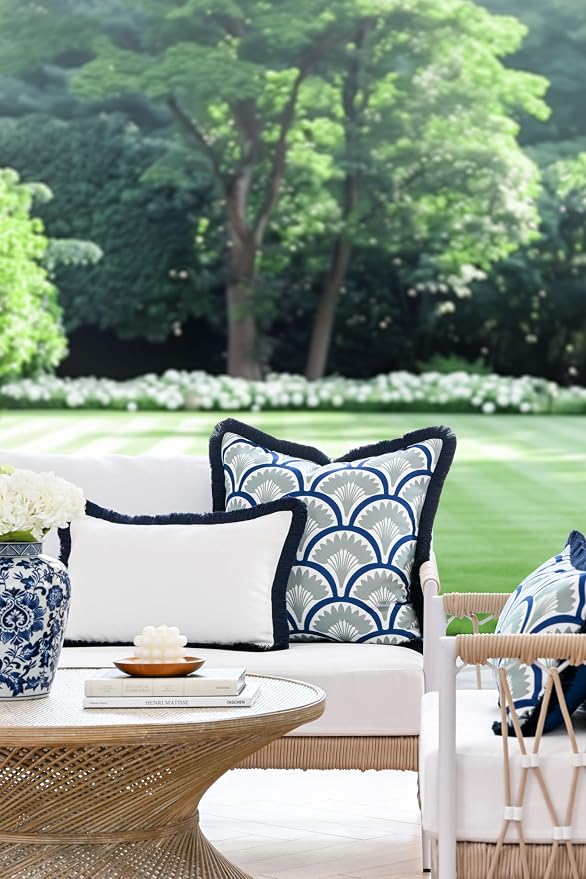 Hofdeco Premium Coastal Grandmillennial Patio Indoor Outdoor Throw Pillow Cover Only, 20"x20" Water Repellent for Backyard, Couch, Poolside, Celadon Green Navy Print Tropical Ravenala Palm Tree