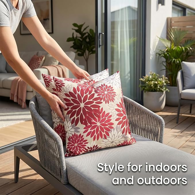 Set of 2 Dahlia Throw Pillow Covers Outdoor Pillows Waterproof 20x20 Inch Red and Pink Decorative Square Pillowcases With Invisible Zipper for Living Room Patio Garden FarmhouseTent Couch Bench