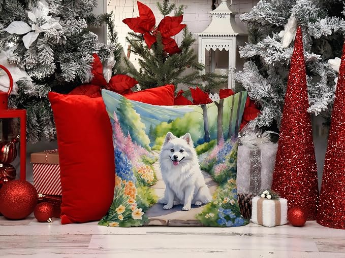 Caroline's Treasures American Eskimo Spring Garden Throw Pillow Machine Washable, Indoor Outdoor Decorative Pillow for Couch, Bed or Patio, 14Hx14W