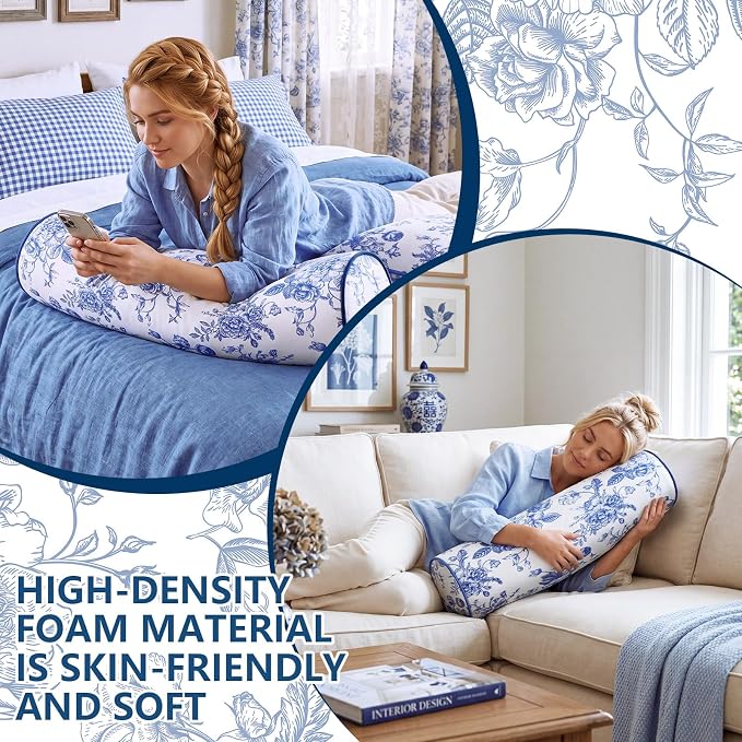Set of 2 Blue Floral Outdoor Bolster Pillows with Inserts, 6 x 20 Inch, Blue White Chinoiserie, Water Repellent Throw Pillow Patio Neck Waist Cushion for Backyard Bed Couch Sofa Poolside