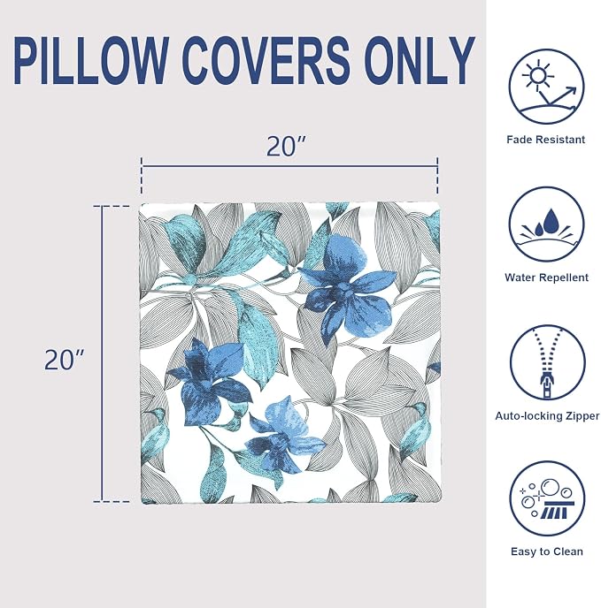 20x20 Inch Pack of 2 Patio Throw Pillow Covers ONLY, Water Repellent Cushion Cases, Square Pillowcases for Outdoor Couch Decoration, Clemens Noir Blue