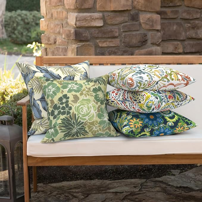 Outdoor 16x16 Inch Throw Pillow Covers Set of 2, Covers ONLY, All Weather Square Pillow Cases, Patio Cushion Pillow of Home Furniture Use, Green Rose