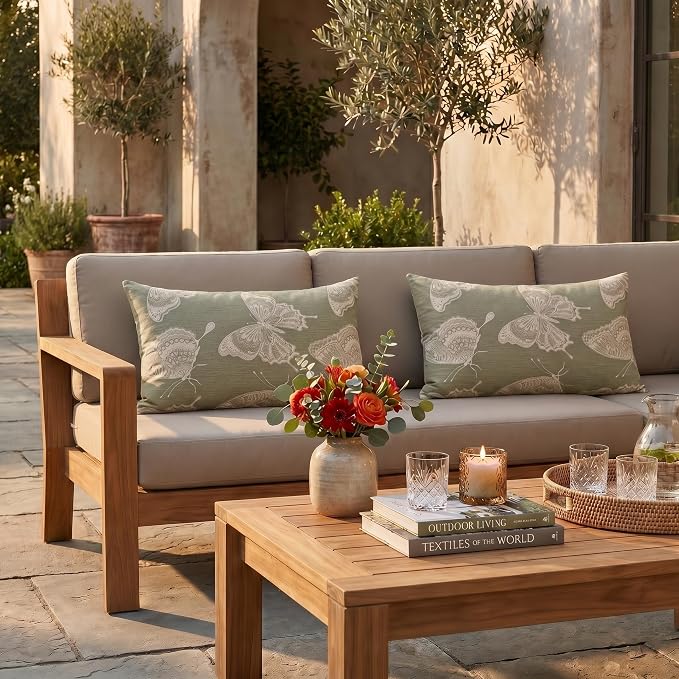 RSH DECOR: Sunbrella Jumbo Lumbar Pillows Set of 2 | 26" x 16" | Water and Fade-Resistant Performance Fabric | Outdoor Pillow Covers with Down-Alternative Inserts | Made in USA (Farfalla Spring)