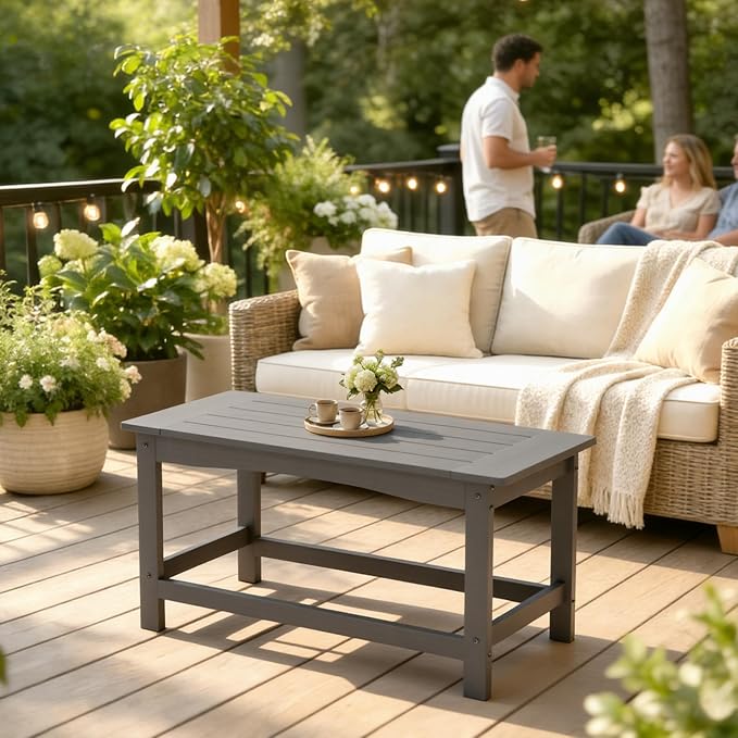 Outdoor Coffee Table, 35.4" x 17.5" All Weather Rectangle Patio Coffee Side Table for Garden Lawn Porch Poolside Balcony (Gray)