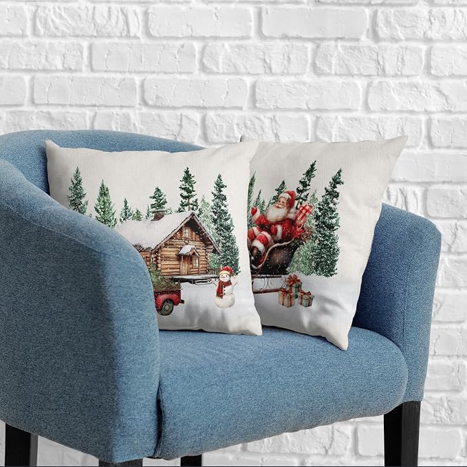 Christmas Santa Pillow Covers Set of 2 Snowy Cabin Red Truck Snowman Throw Pillow Covers Green Xmas Tree Pillowcase 18x18 Cotton Linen Cushion Case for Winter Holiday Home Decor