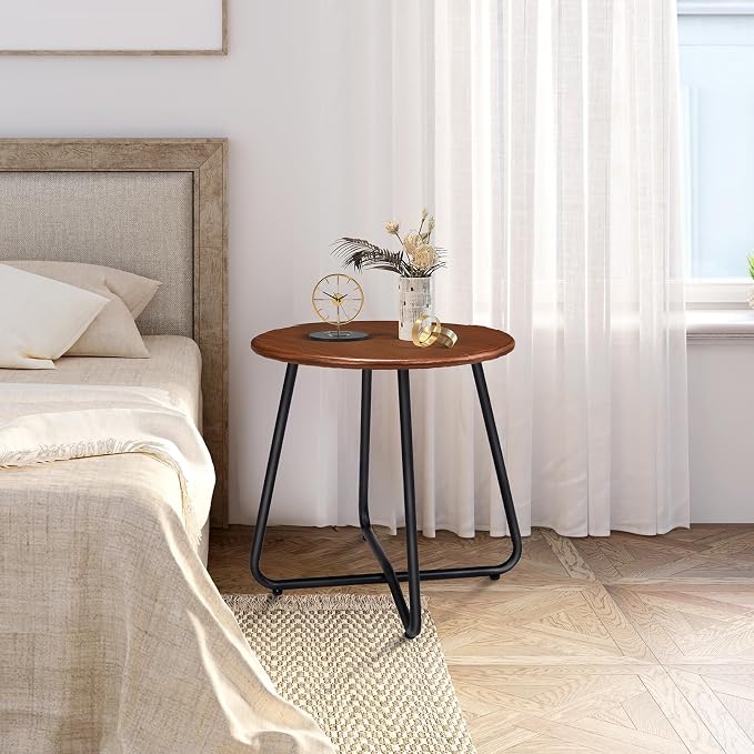Outvita Indoor and Outdoor Side Table, Small Patio Side Table, Metal Round Portable Waterproof Weather Resistant End Table for Patio, Garden, Balcony, Yard, Wood Grain Color