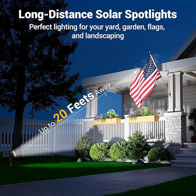 Solar Spot Lights Outdoor Waterproof IP65, Super Bright LEDs with Lens, 6500K 2 Lighting Modes, 2 in 1 Auto On/Off Solar Powered Spotlights for Yard Flag Landscape Tree, 4 Pack, Cool White